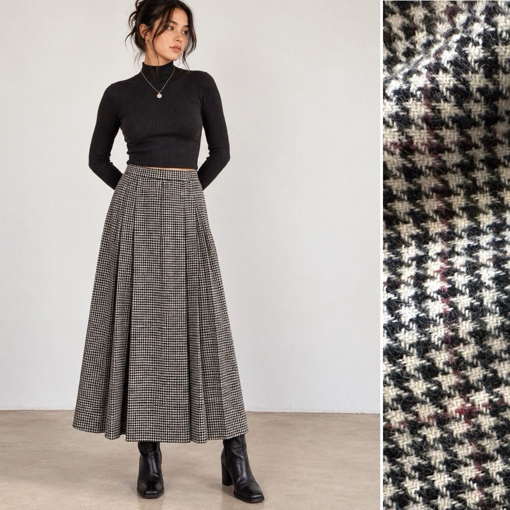 Carrol Reed Houndstooth Wool Plaid Midi Skirt 8 Academia Grunge Vintage Y2K USA